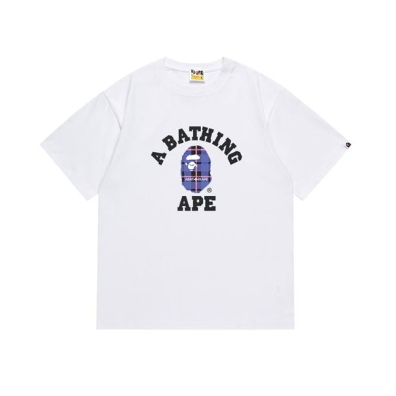 White BAPE College T-Shirt with Purple Plaid Ape Head